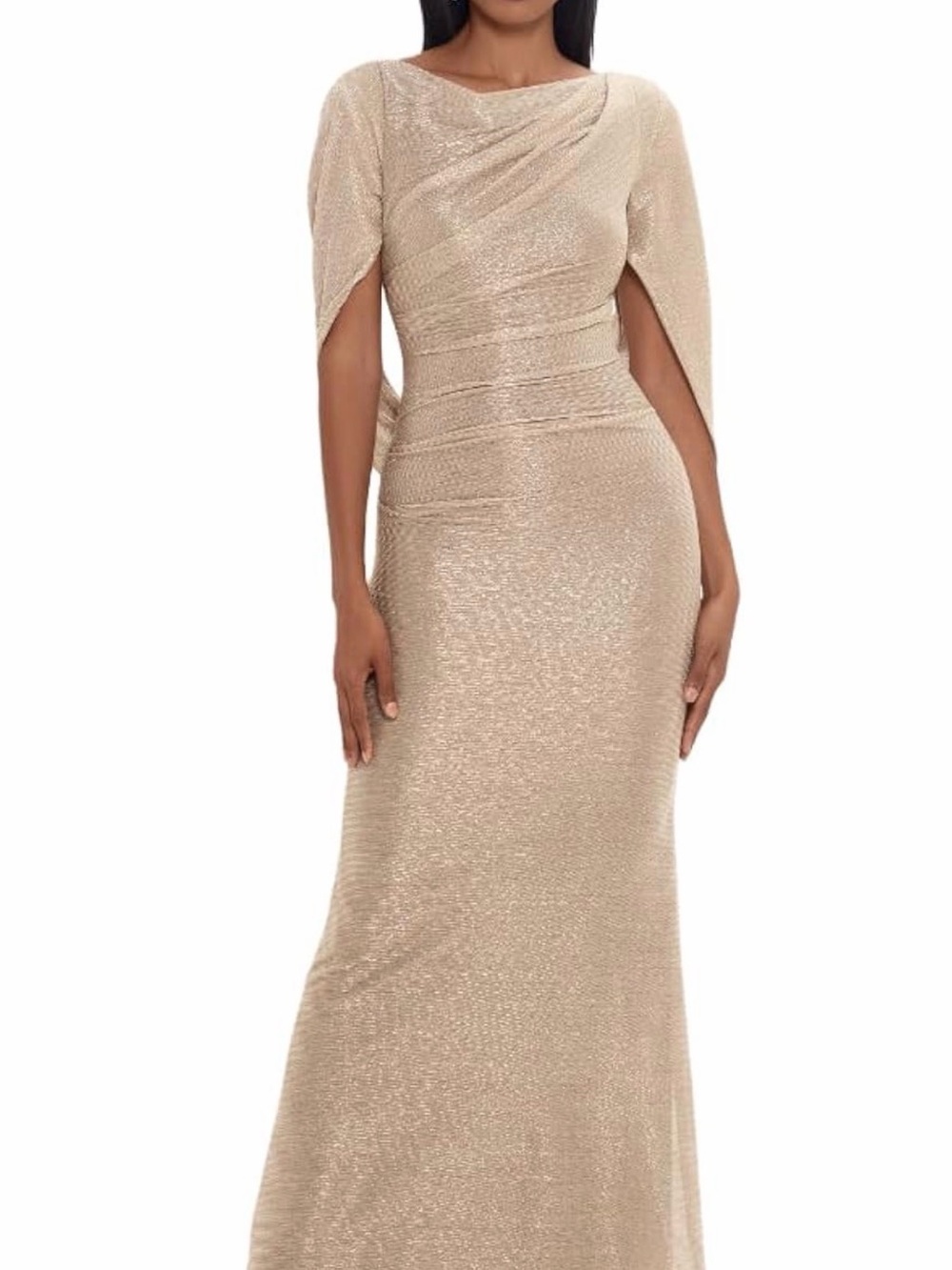 NWT Betsy & Adam Metallic Gold Silver 3/4 Sleeve Cowl neck drape Formal Gown, 8